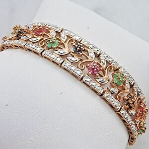 Gold Plated 925 Sterling Silver Pink Ruby, Emerald, Black Onyx Flower Bracelet